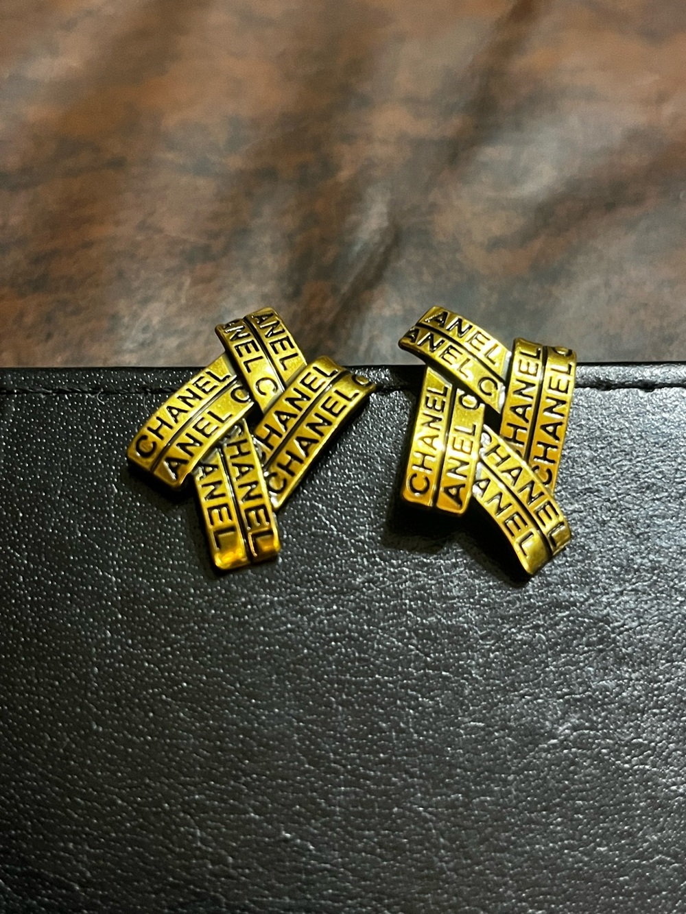 Double C Designer Brushed Gold Spell Out Earrings - Picture 3 of 6